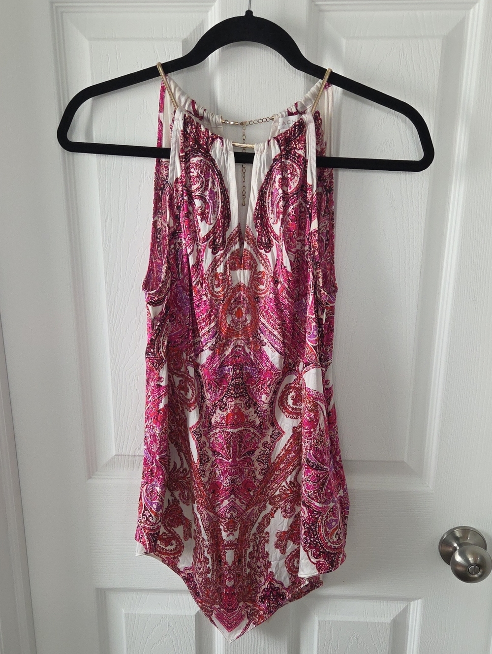 Vintage CACHE Silk Halter Top Pink Paisley Y2K Handkerchief Metal Chain